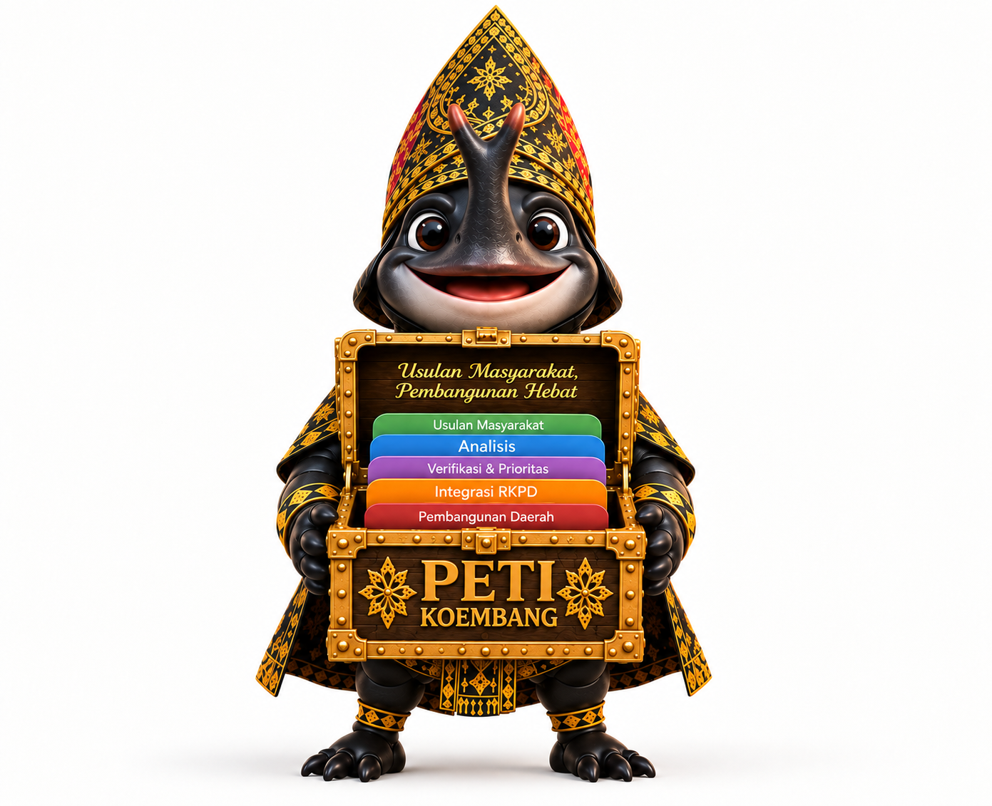 Maskot Si Koembang Berbaju Kurung Melayu Songket Emas dan Tanjak